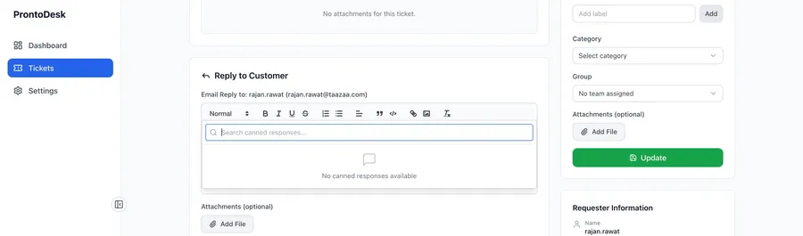 Pronto ticket reply and team collaboration view