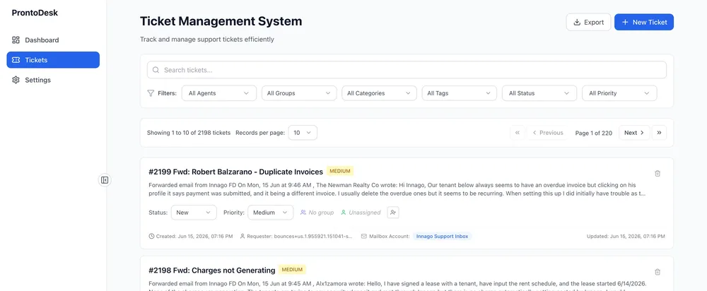Pronto email-to-ticket list view